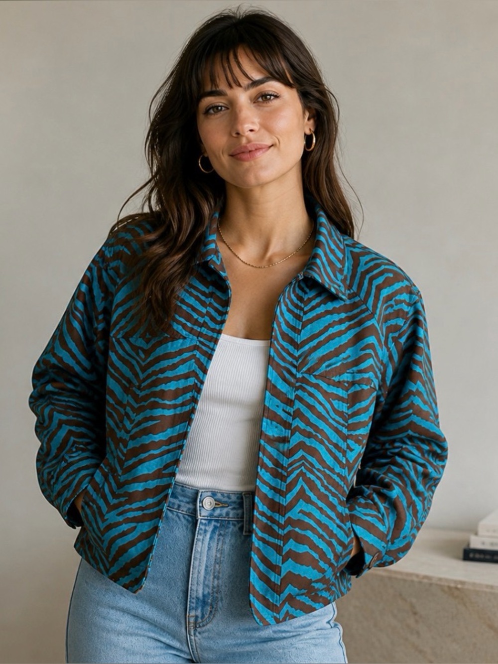 Patrick Christopher 100% Silk Zebra Print Jacket Brown Turquoise Size L